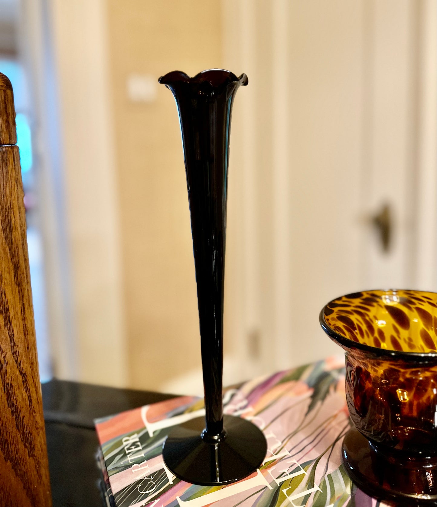 Black Glass Scalloped Edge Stem Vase