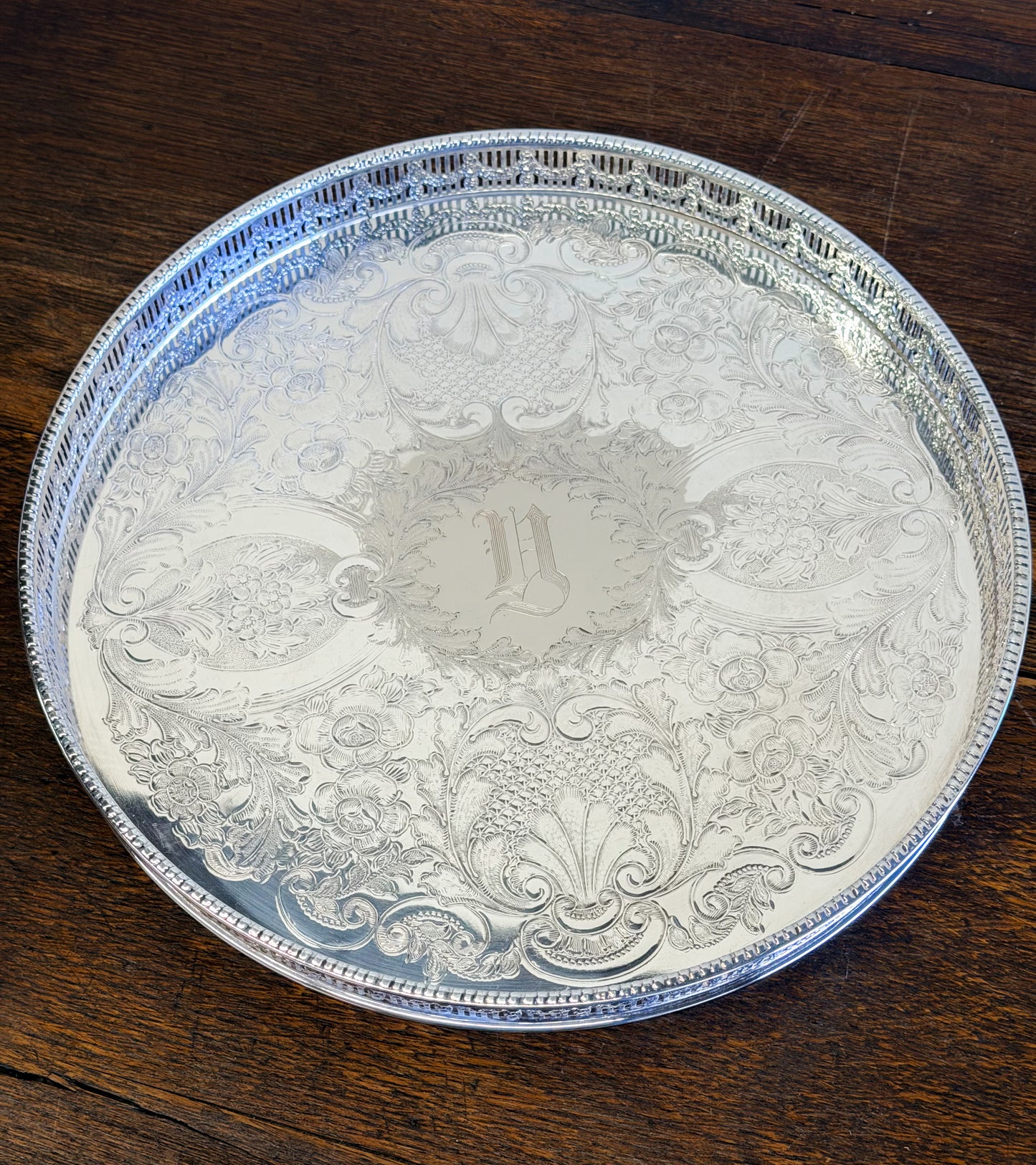 English Silverplate Gallery Tray with ‘V’ Monogram