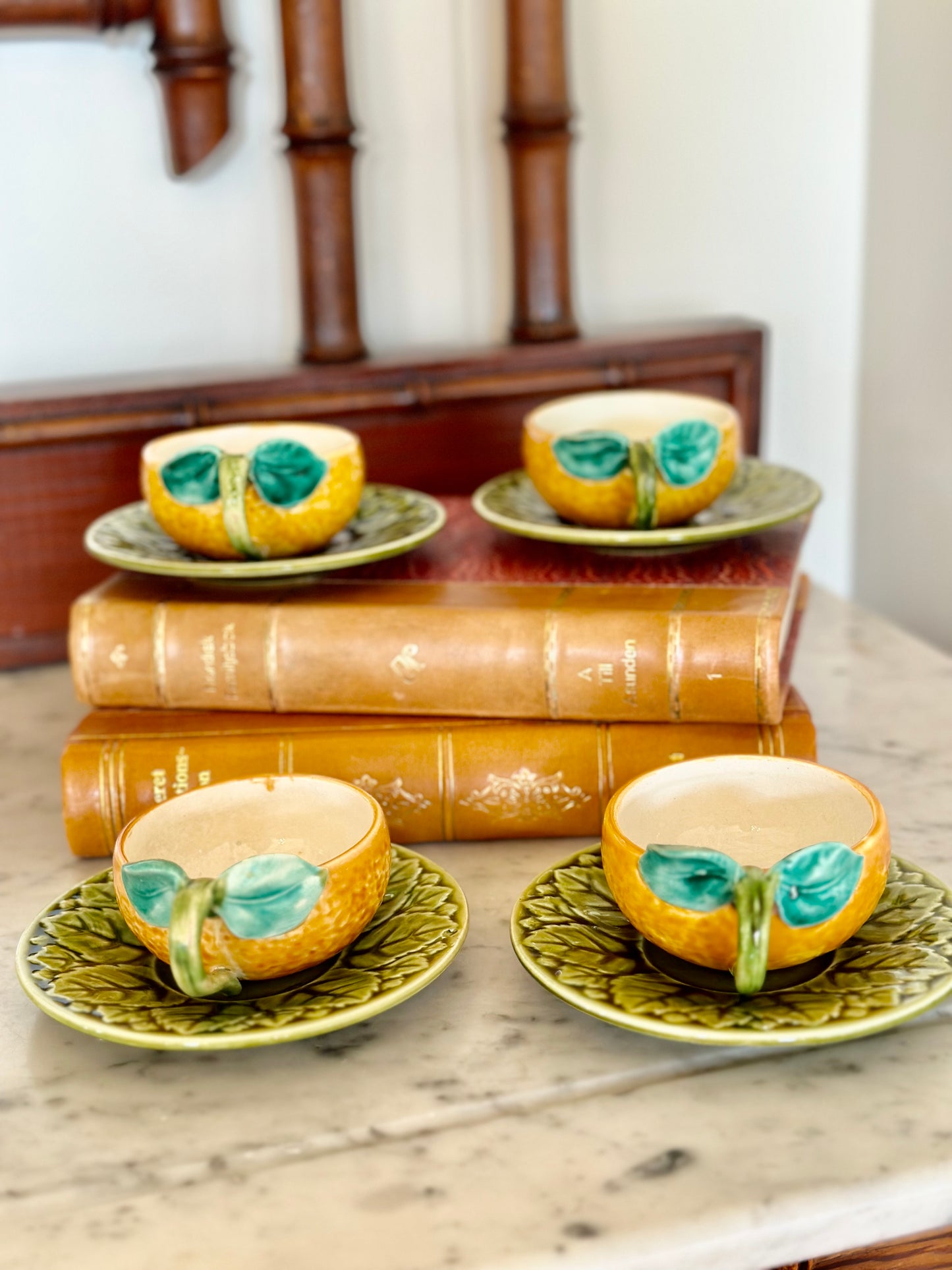 French Majolica Sarreguemines Orange Teacups and Saucers (Set of 4)