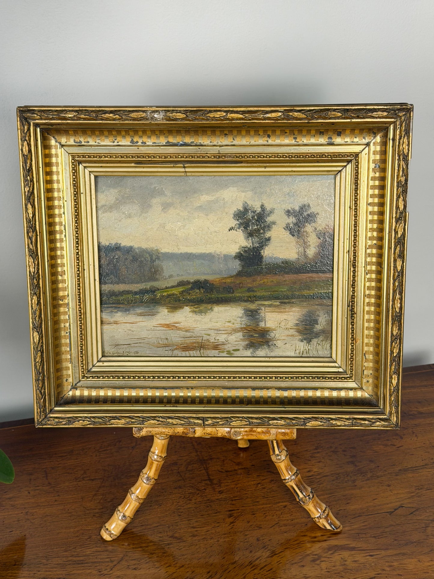 Framed 19th Century Oil on Board Lakeside Landscape