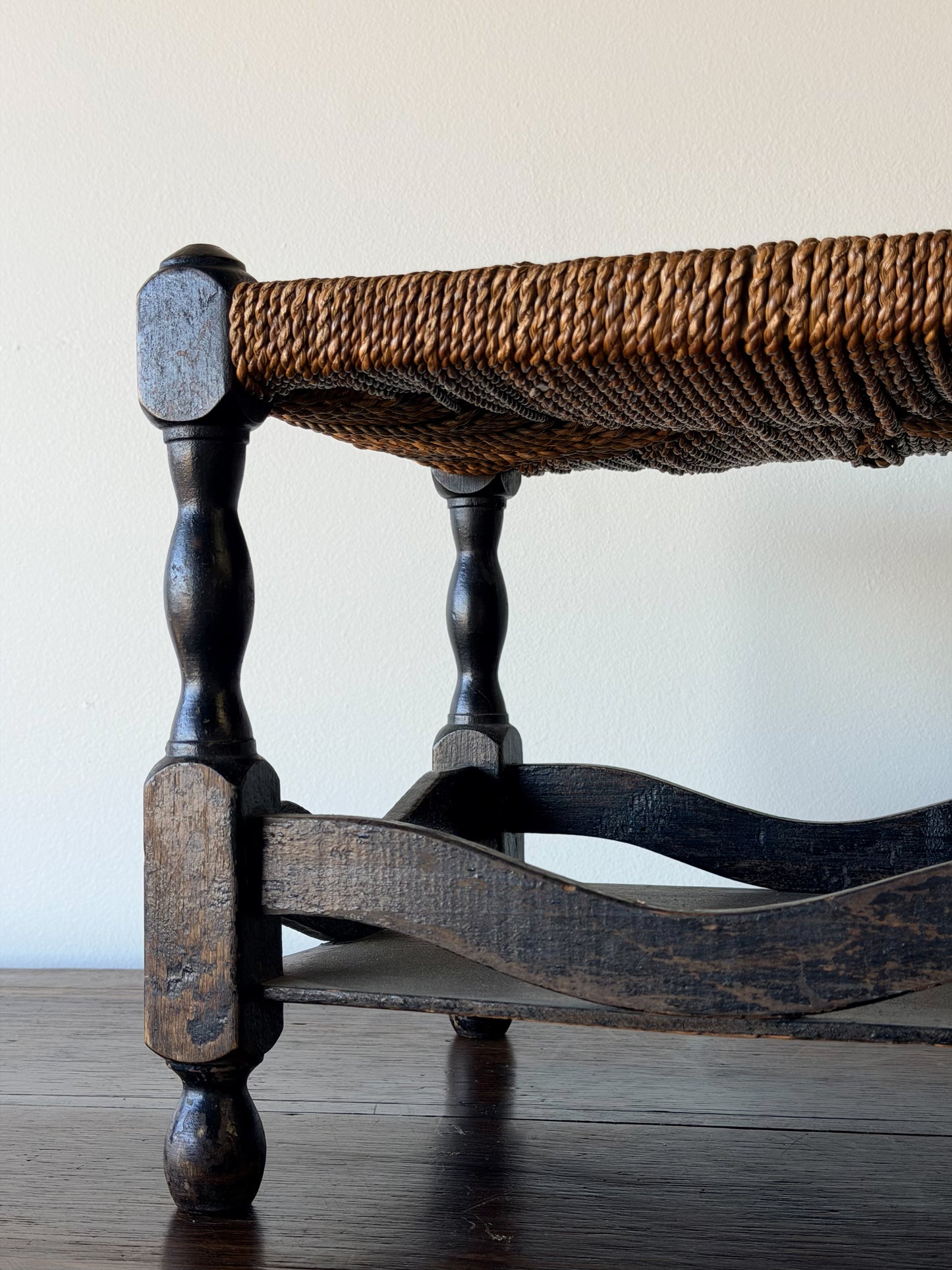 Antique English Rush Seat Stool with Painted Base