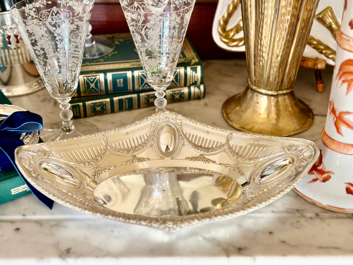 Bows & Roses Embossed Silverplate Dish