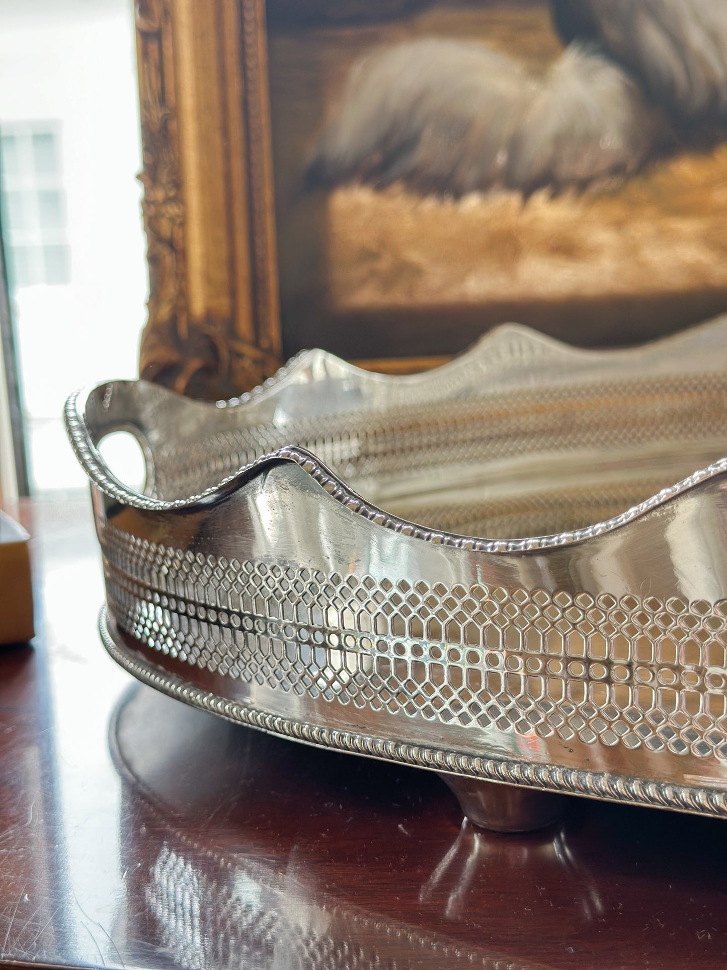Large Oval Silverplate Gallery Tray with Scalloped Edge