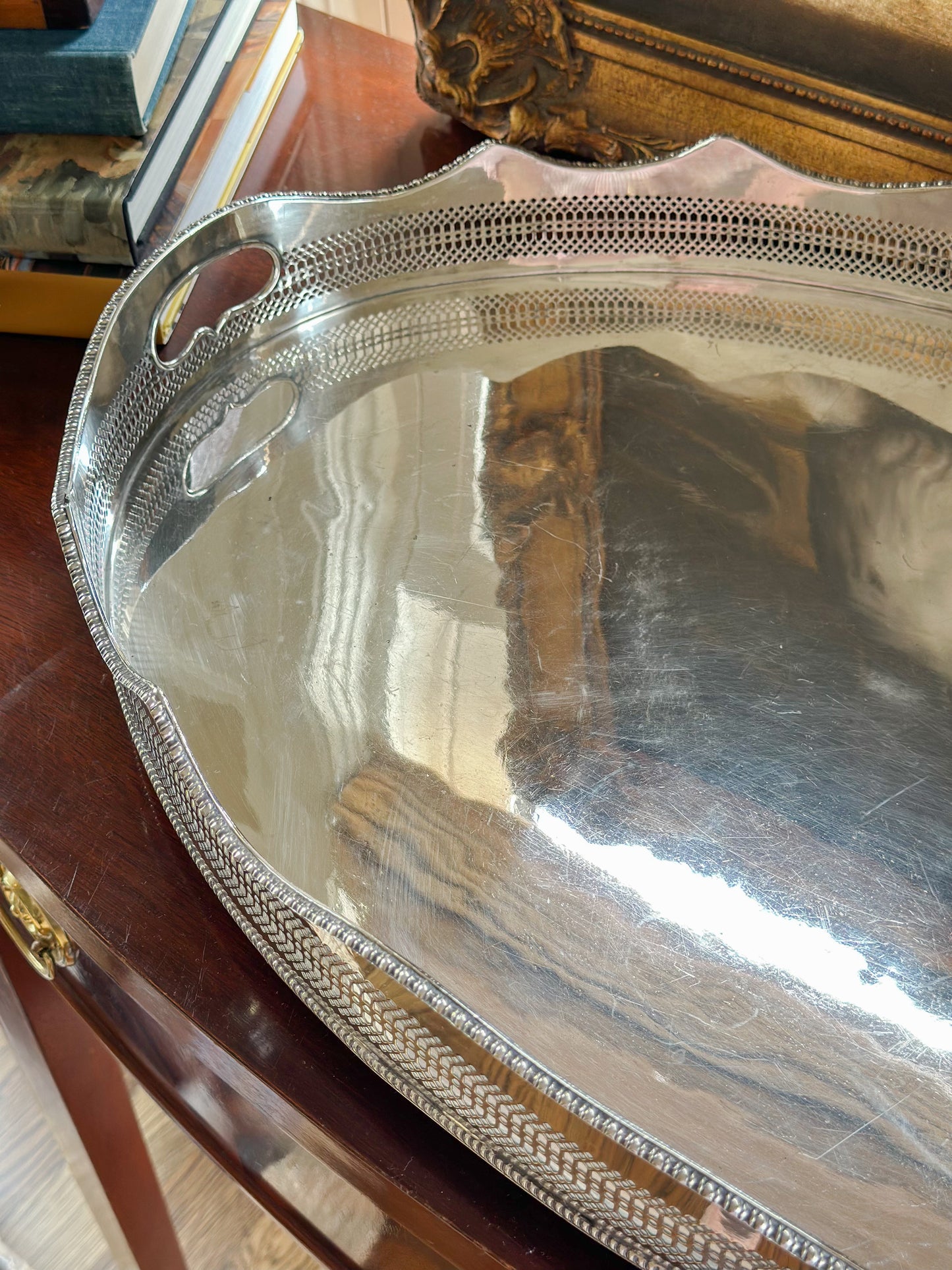 Large Oval Silverplate Gallery Tray with Scalloped Edge