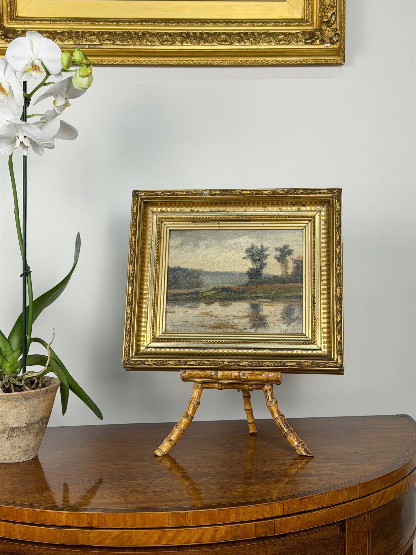 Framed 19th Century Oil on Board Lakeside Landscape