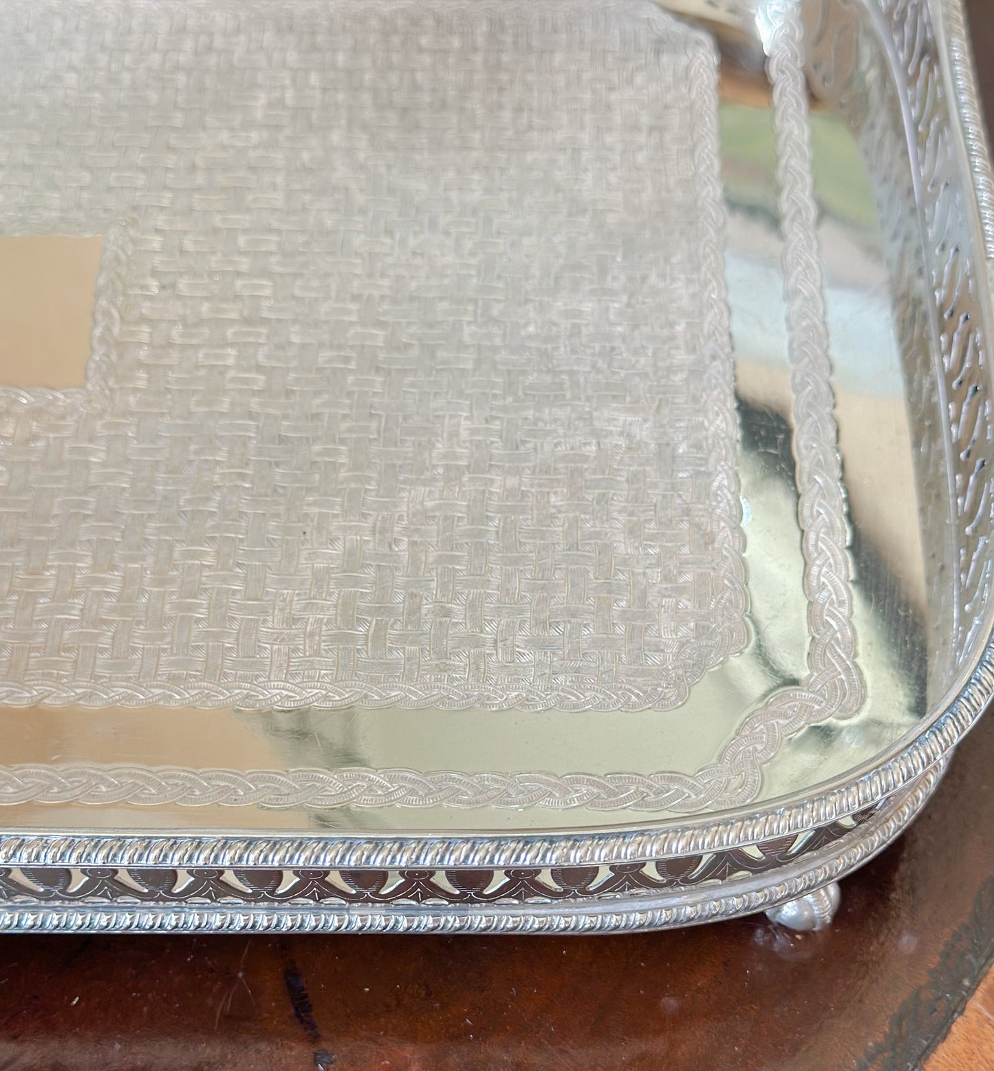 Antique English Silverplate Gallery Tray with Ball and Claw Feet