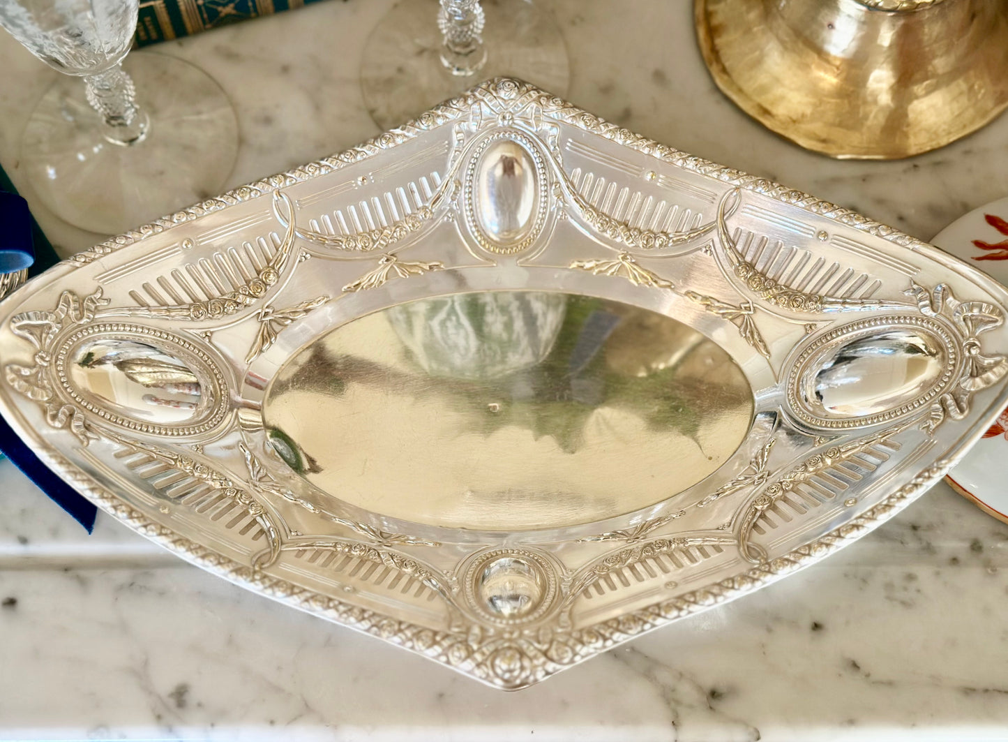 Bows & Roses Embossed Silverplate Dish