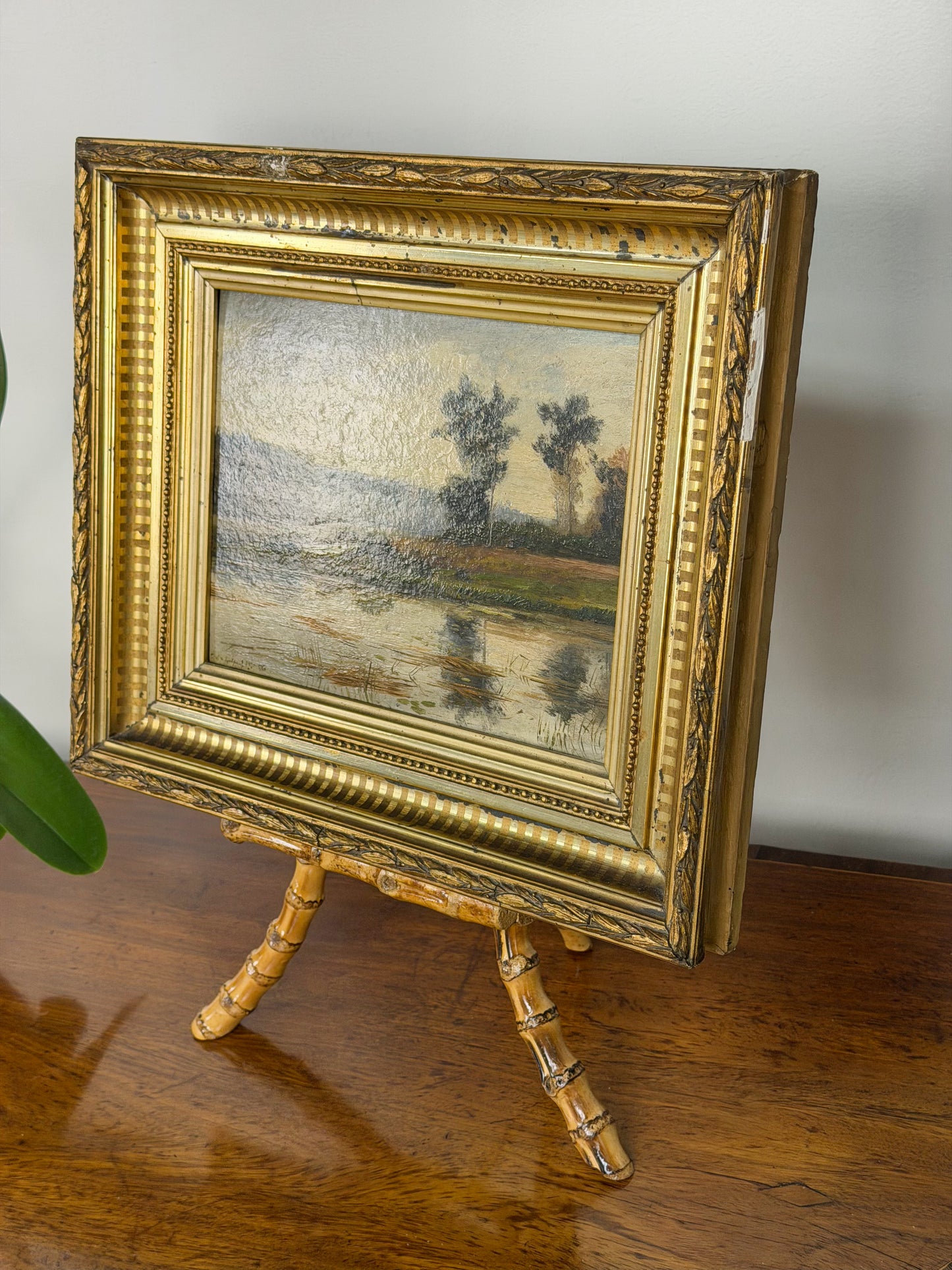 Framed 19th Century Oil on Board Lakeside Landscape