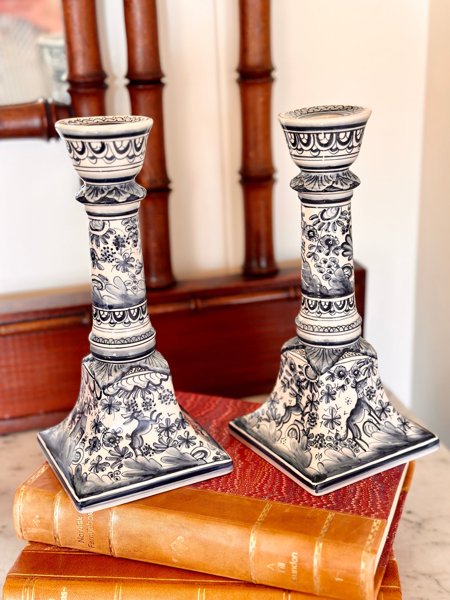 Portugese Hand-Painted Blue and White Candlesticks