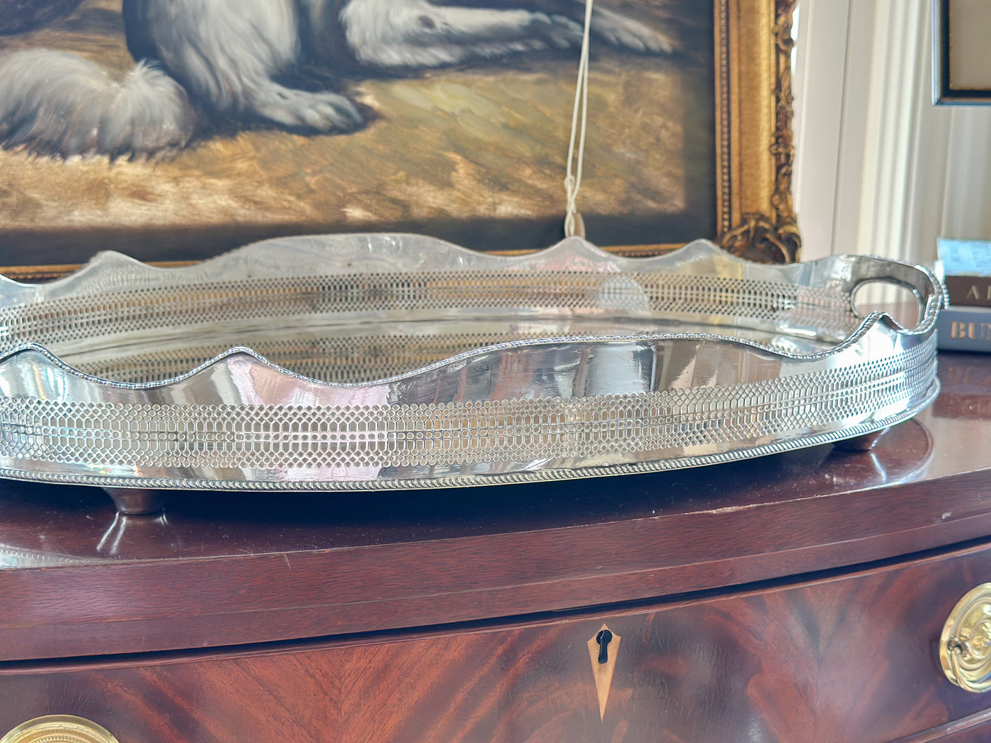 Large Oval Silverplate Gallery Tray with Scalloped Edge