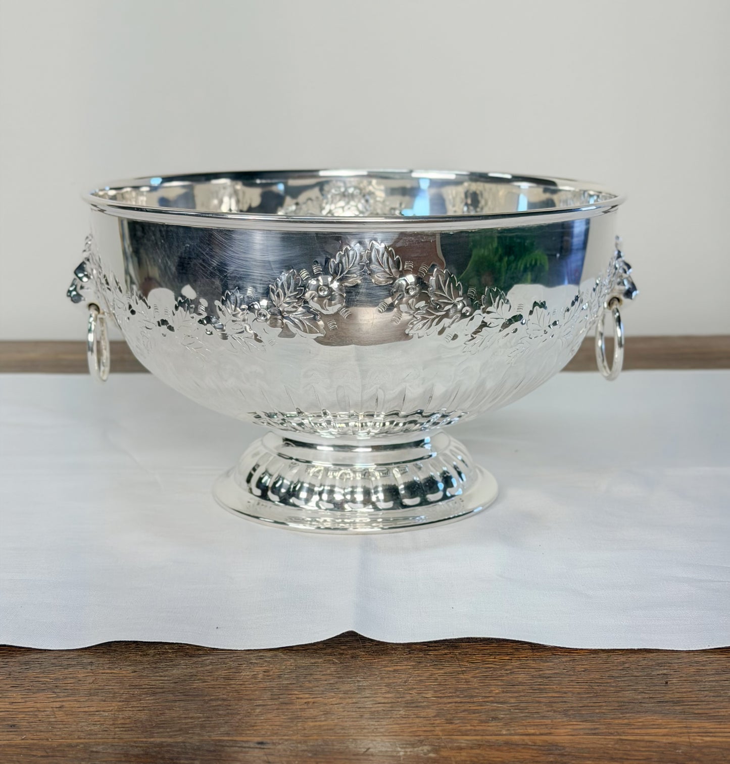 English Silverplate Pedestal Bowl with Lion’s Head Rings
