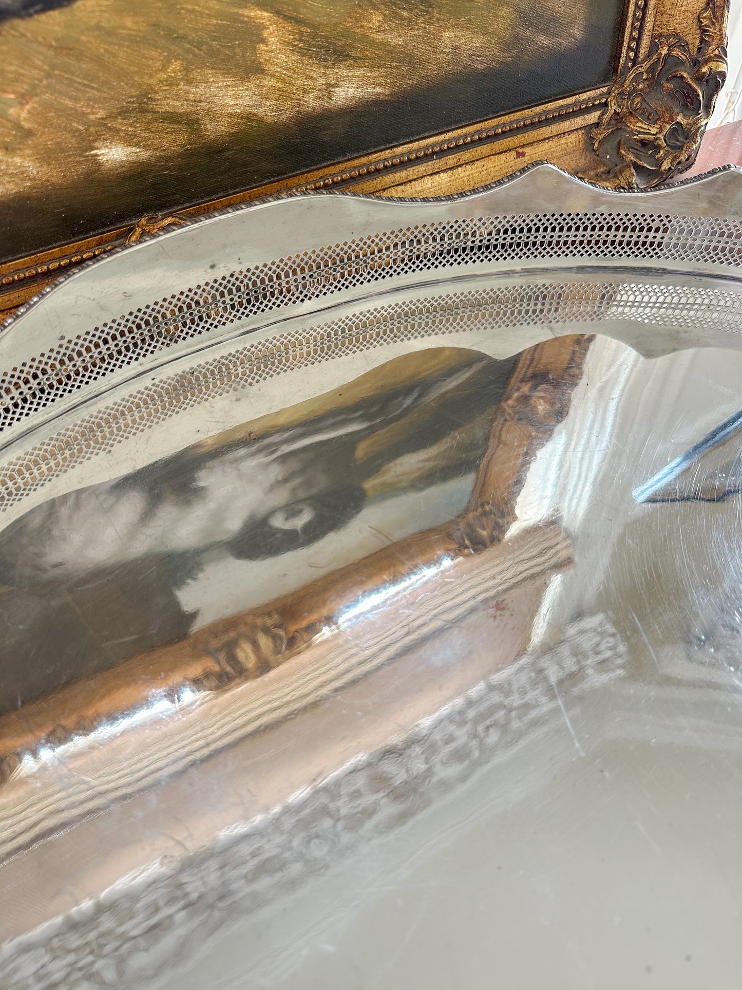 Large Oval Silverplate Gallery Tray with Scalloped Edge