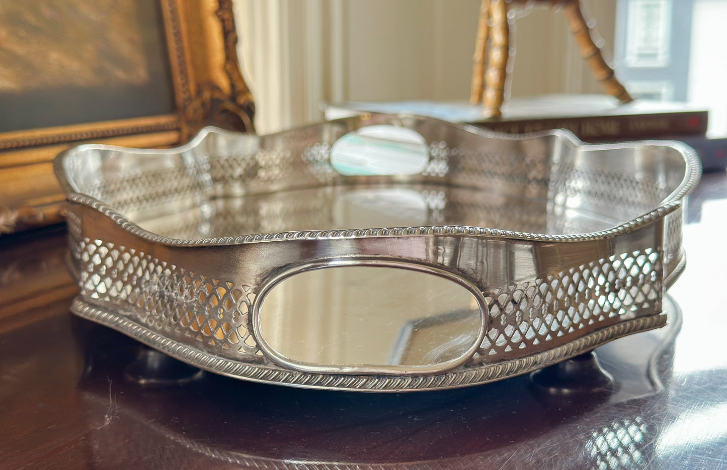 Medium Oval Silverplate Gallery Tray with Scalloped Edge