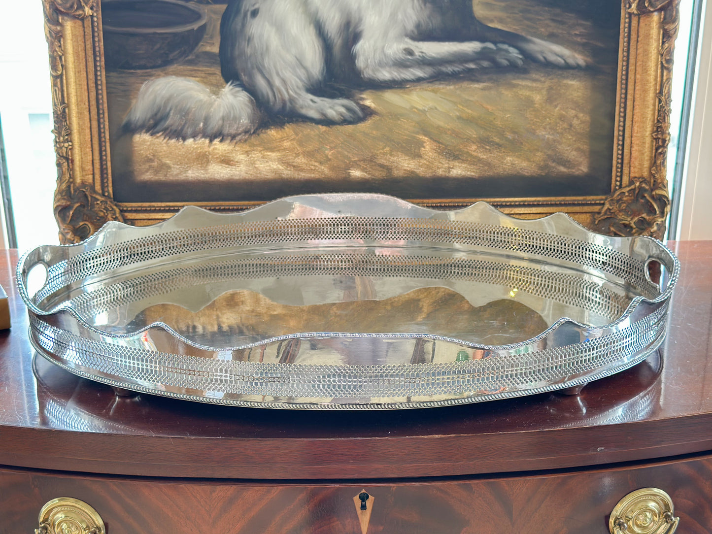 Large Oval Silverplate Gallery Tray with Scalloped Edge