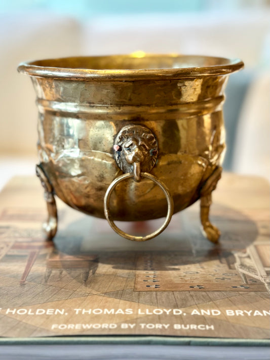 Victorian Brass Footed Jardinière Cachepot with Lion Heads