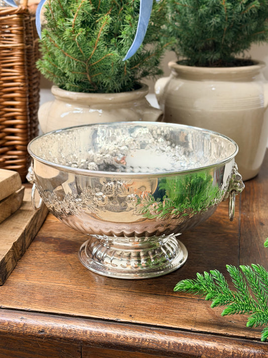 English Silverplate Pedestal Bowl with Lion’s Head Rings