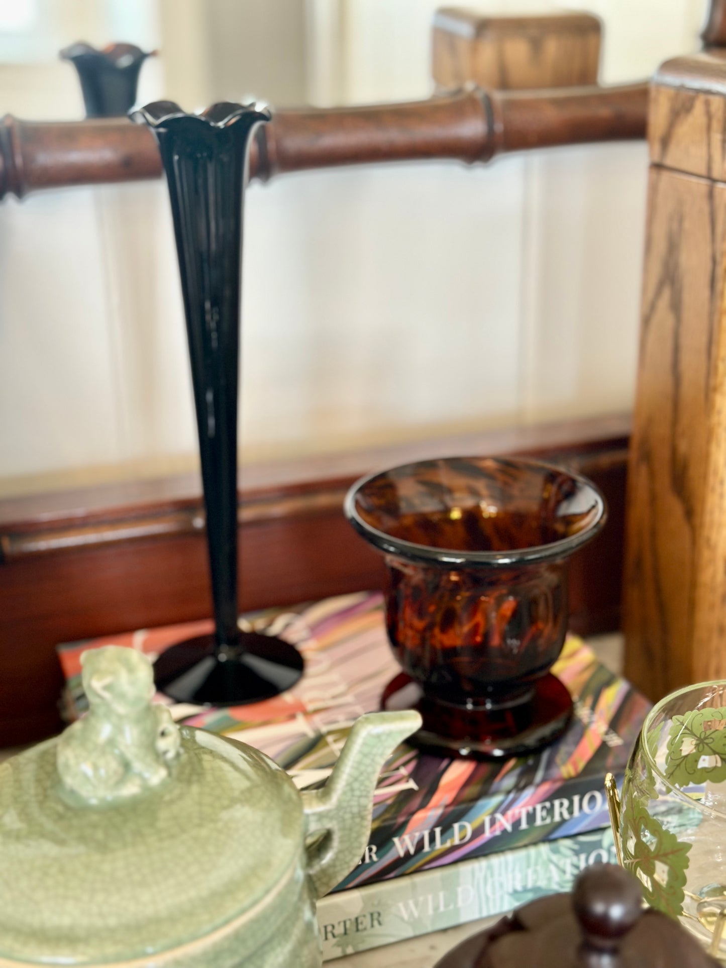 Black Glass Scalloped Edge Stem Vase