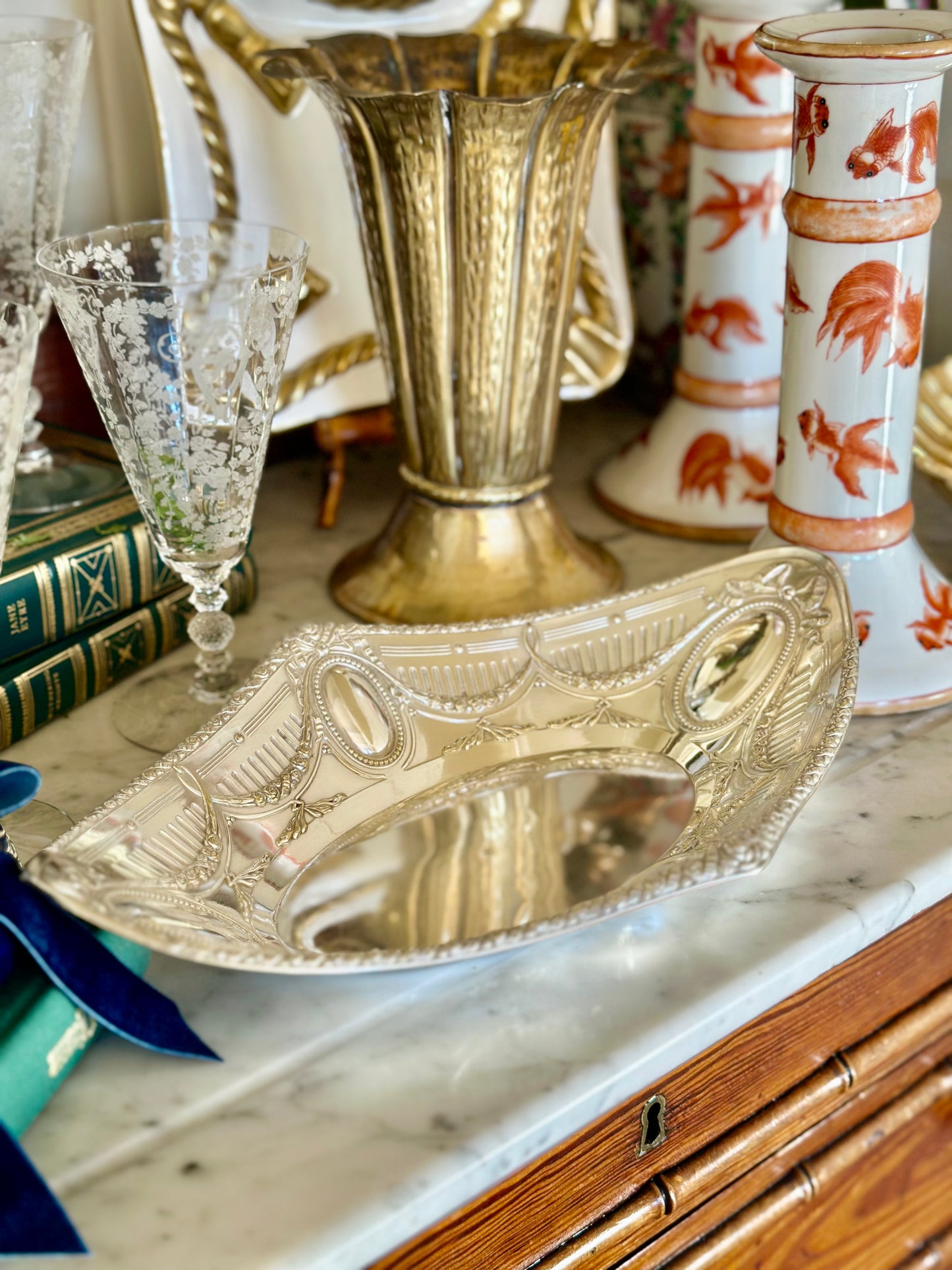 Bows & Roses Embossed Silverplate Dish