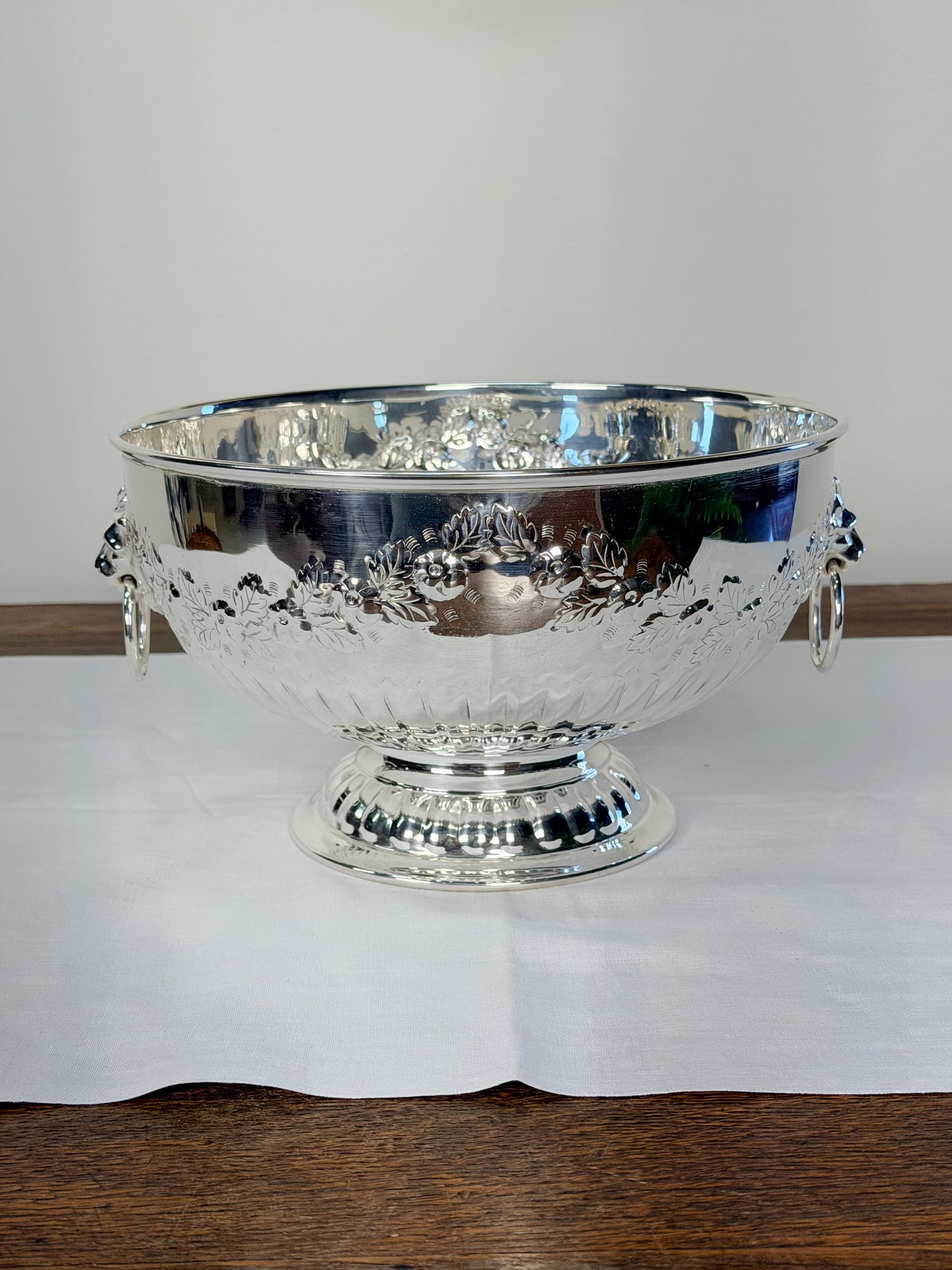 English Silverplate Pedestal Bowl with Lion’s Head Rings