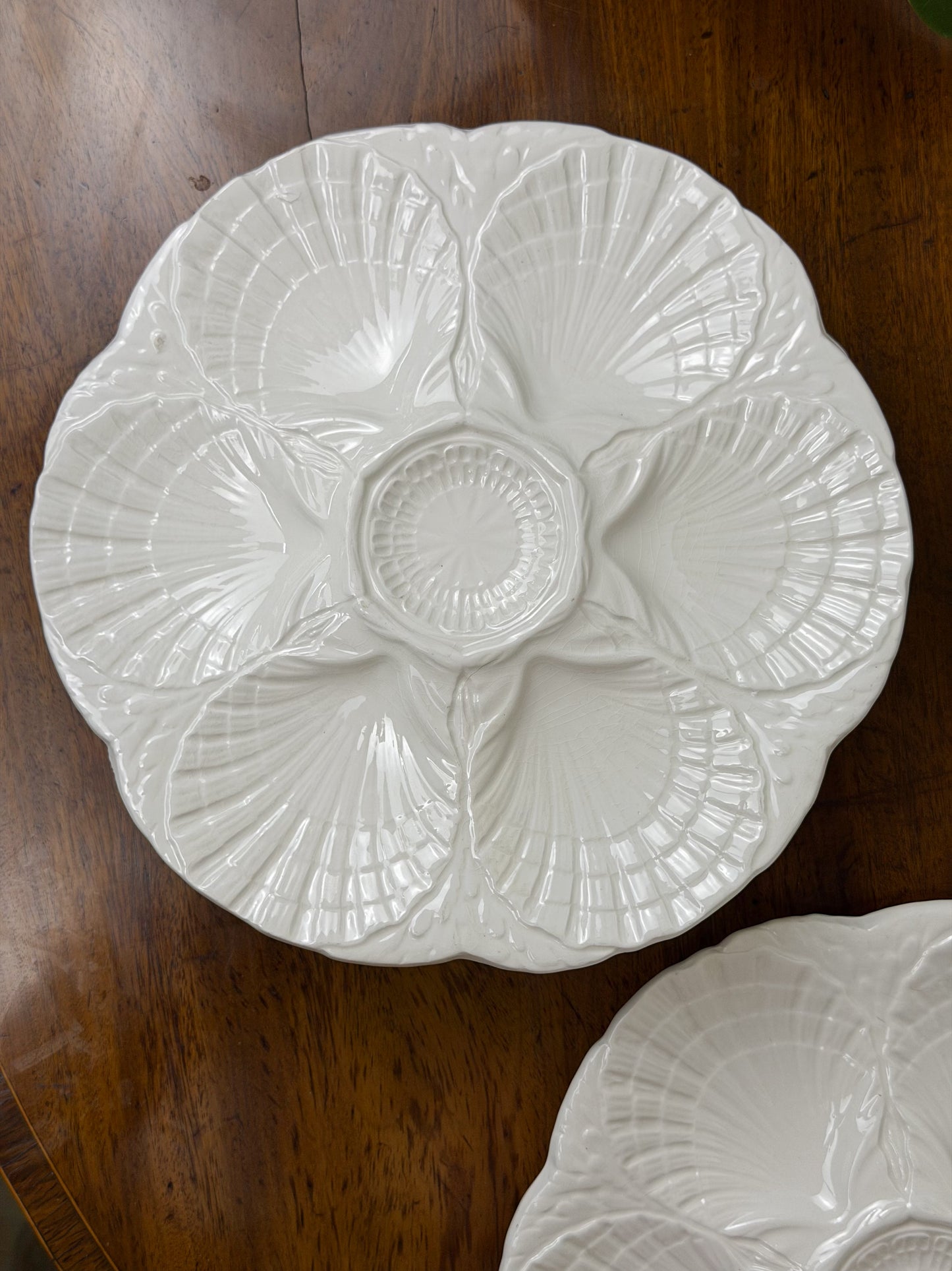 Vintage White Sarreguemines Majolica Oyster Plates