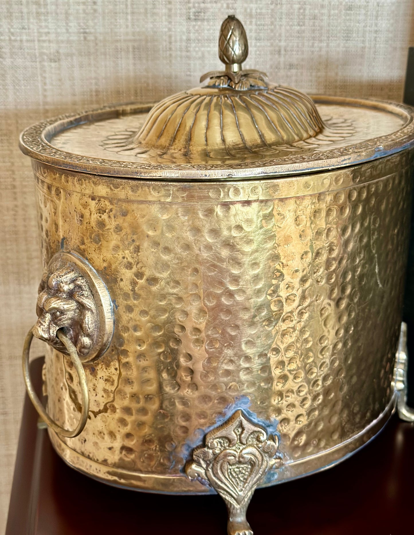 Hammered Brass Footed Bucket with Lion Heads