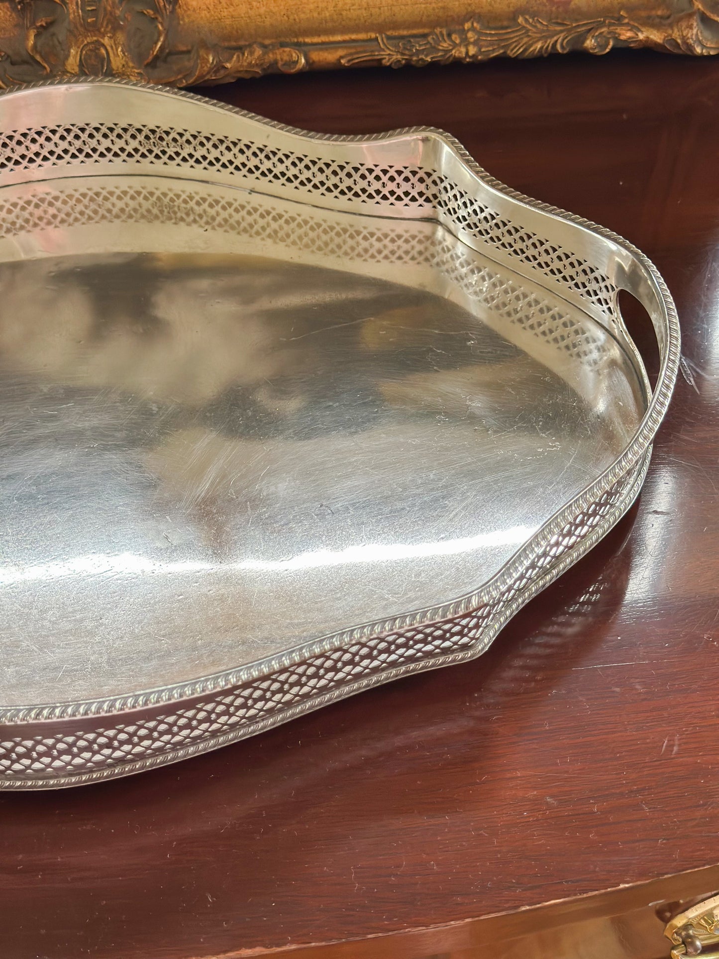 Medium Oval Silverplate Gallery Tray with Scalloped Edge