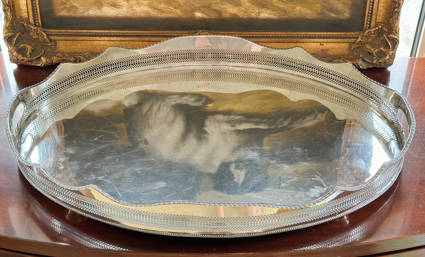 Large Oval Silverplate Gallery Tray with Scalloped Edge