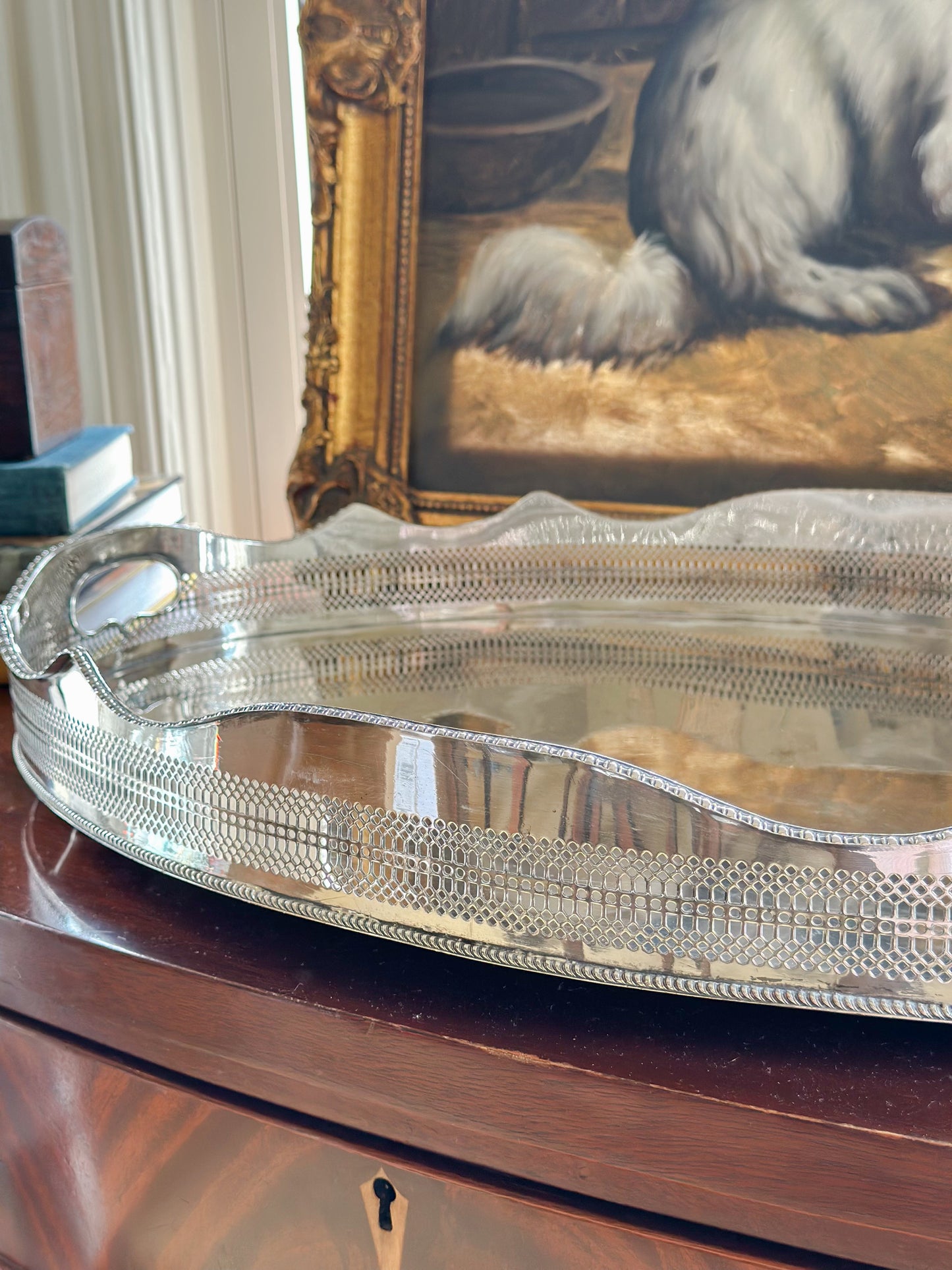 Large Oval Silverplate Gallery Tray with Scalloped Edge