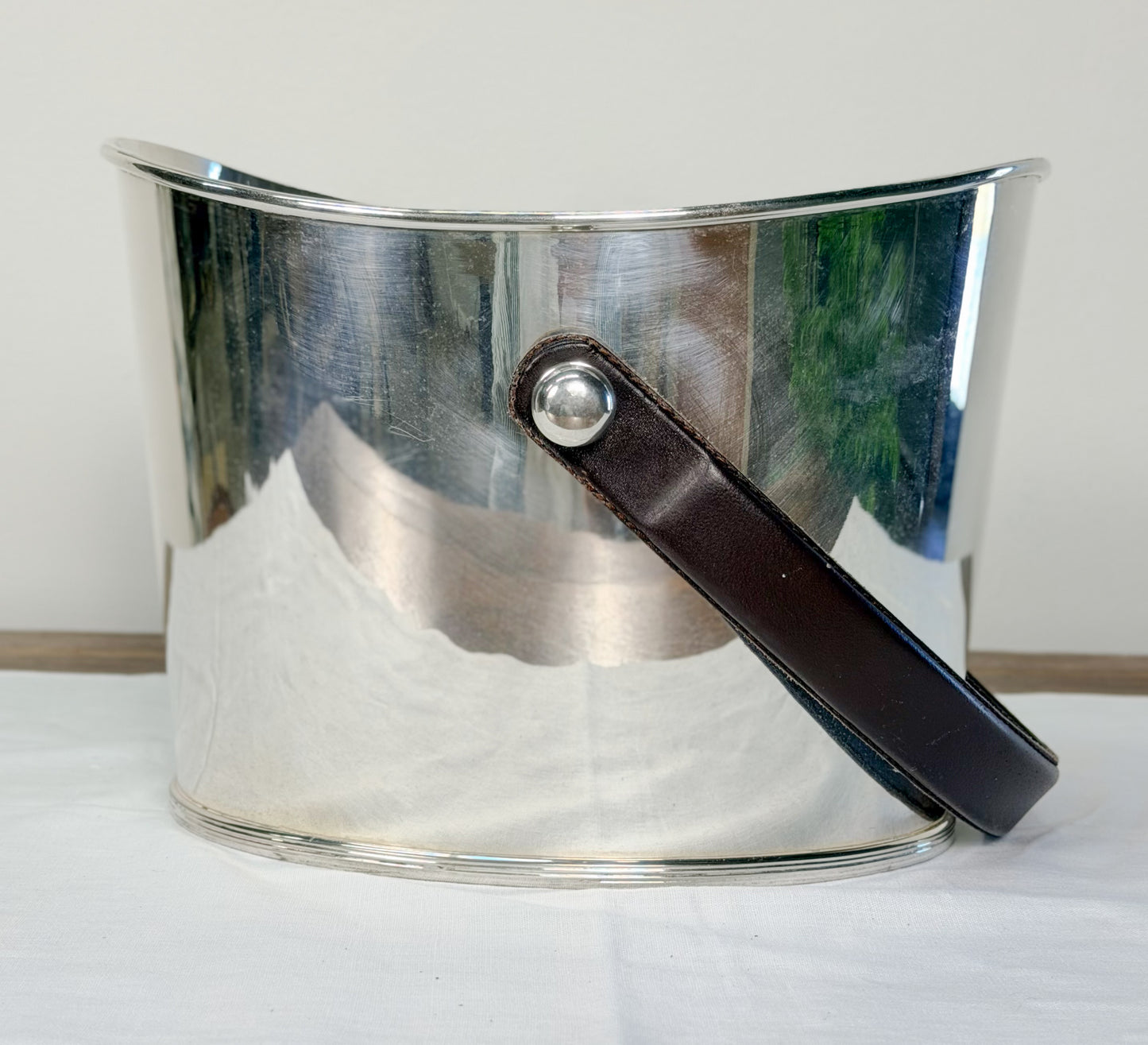 English Silverplate Beverage Bucket with Leather Handle