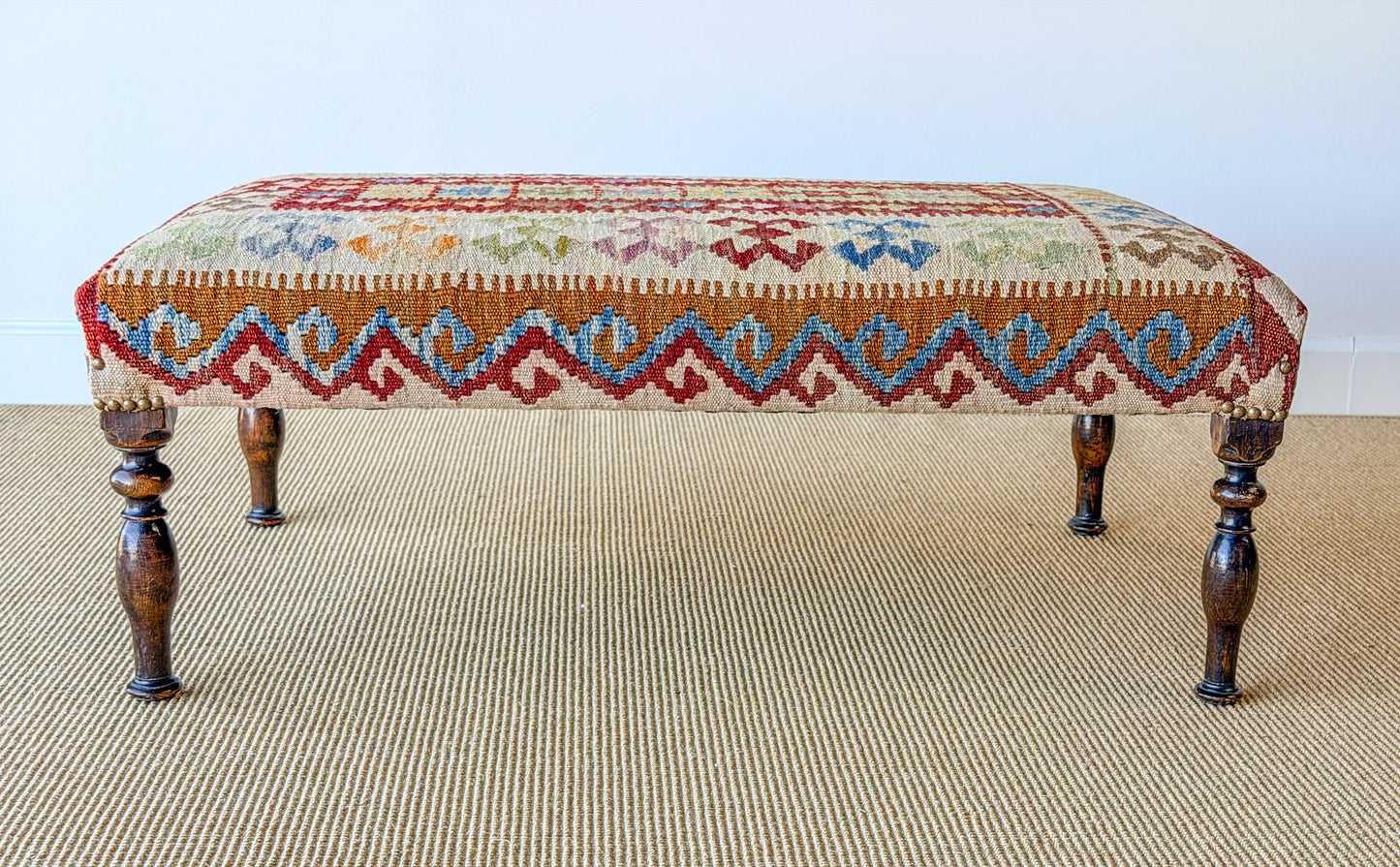 Antique Kilim Footstool (Green/Burgundy)