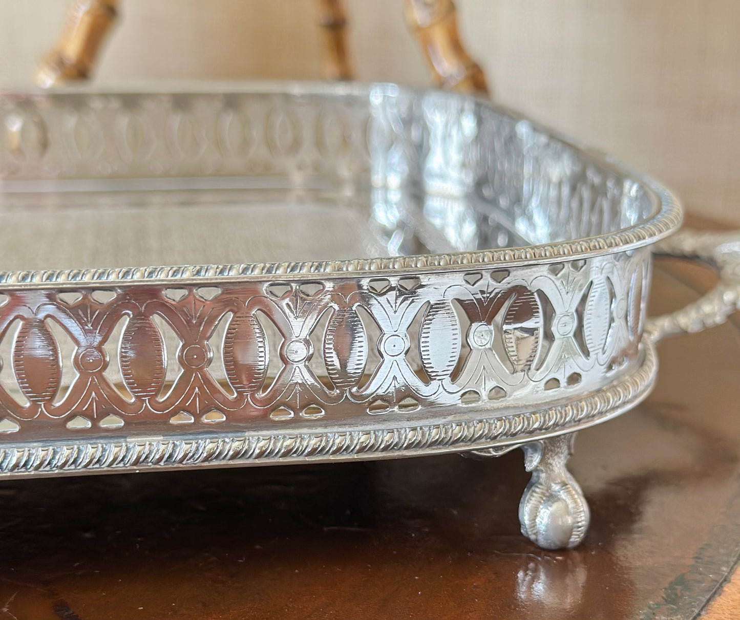 Antique English Silverplate Gallery Tray with Ball and Claw Feet