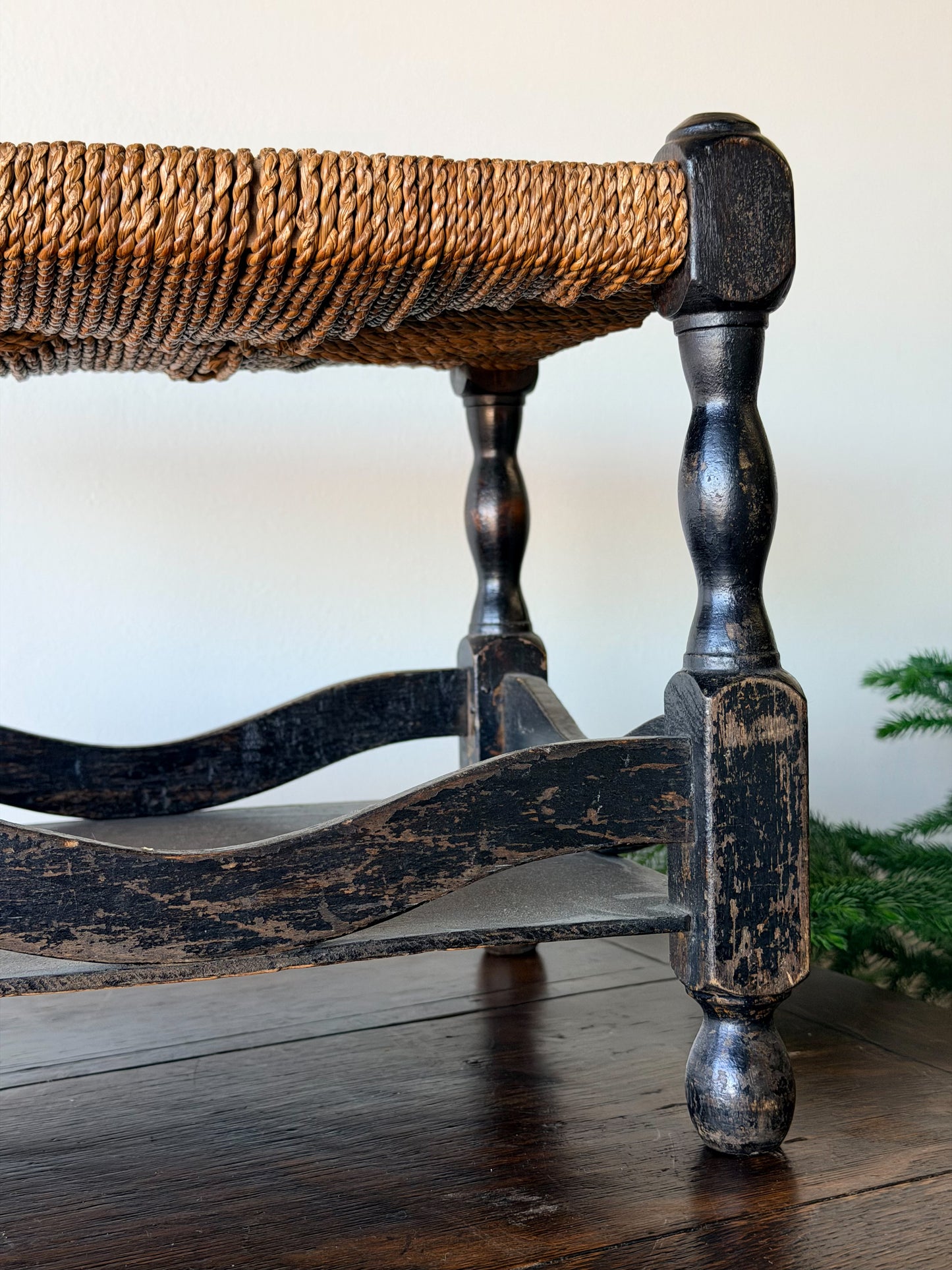 Antique English Rush Seat Stool with Painted Base