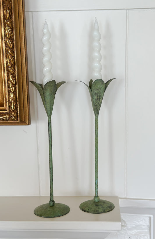 Tole Verdigris Candlestick Pair