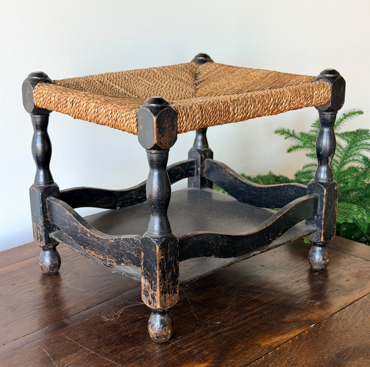 Antique English Rush Seat Stool with Painted Base