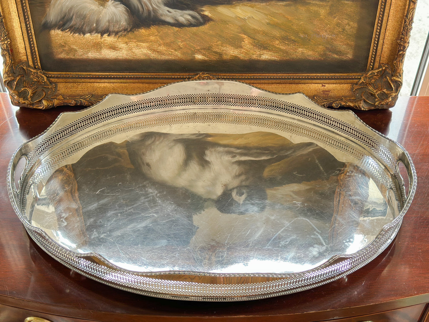 Large Oval Silverplate Gallery Tray with Scalloped Edge