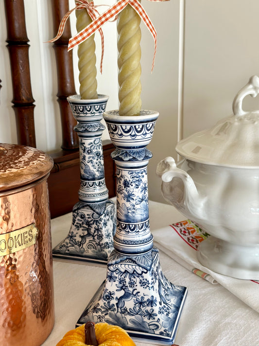 Portugese Hand-Painted Blue and White Candlesticks