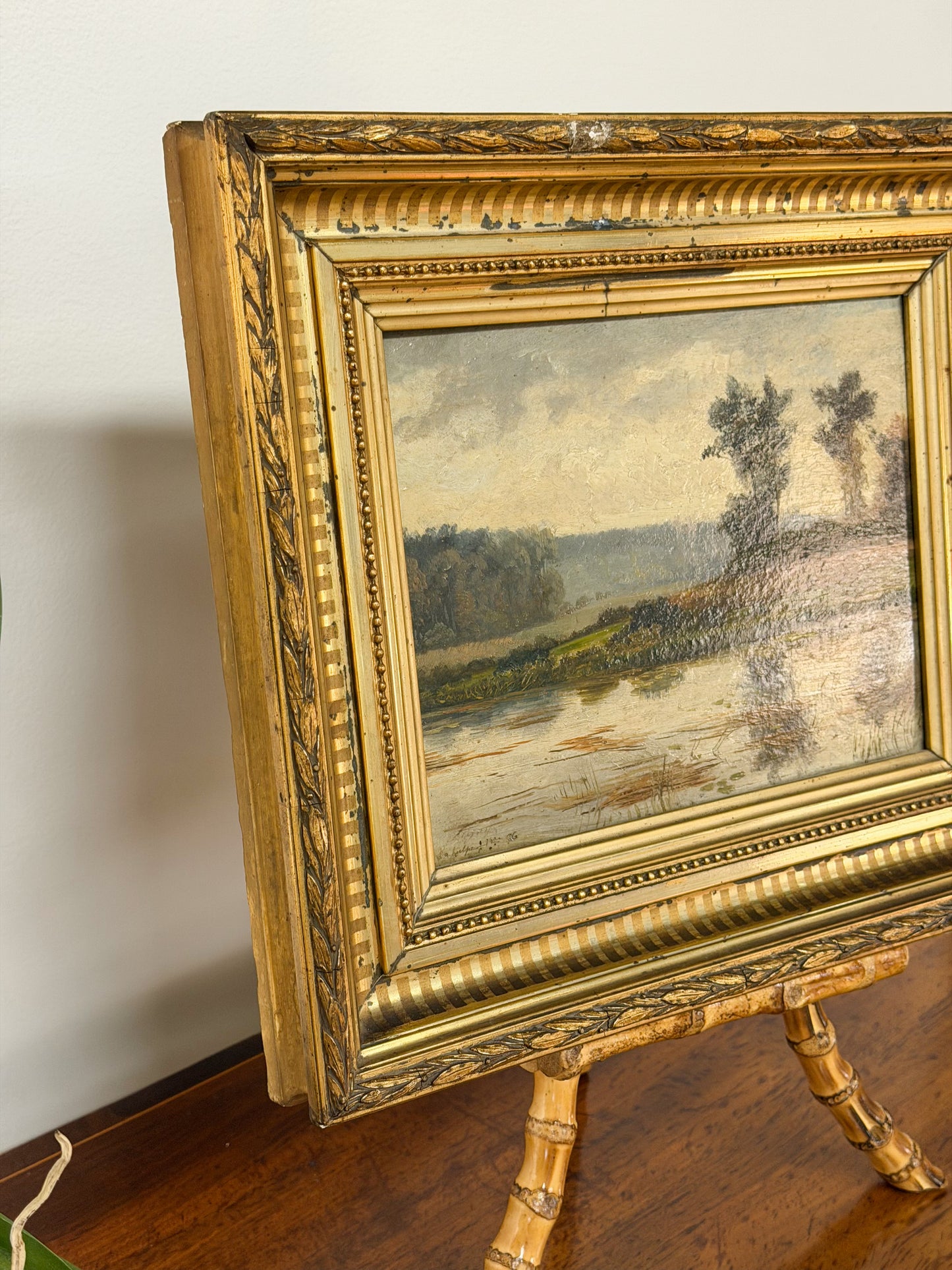 Framed 19th Century Oil on Board Lakeside Landscape