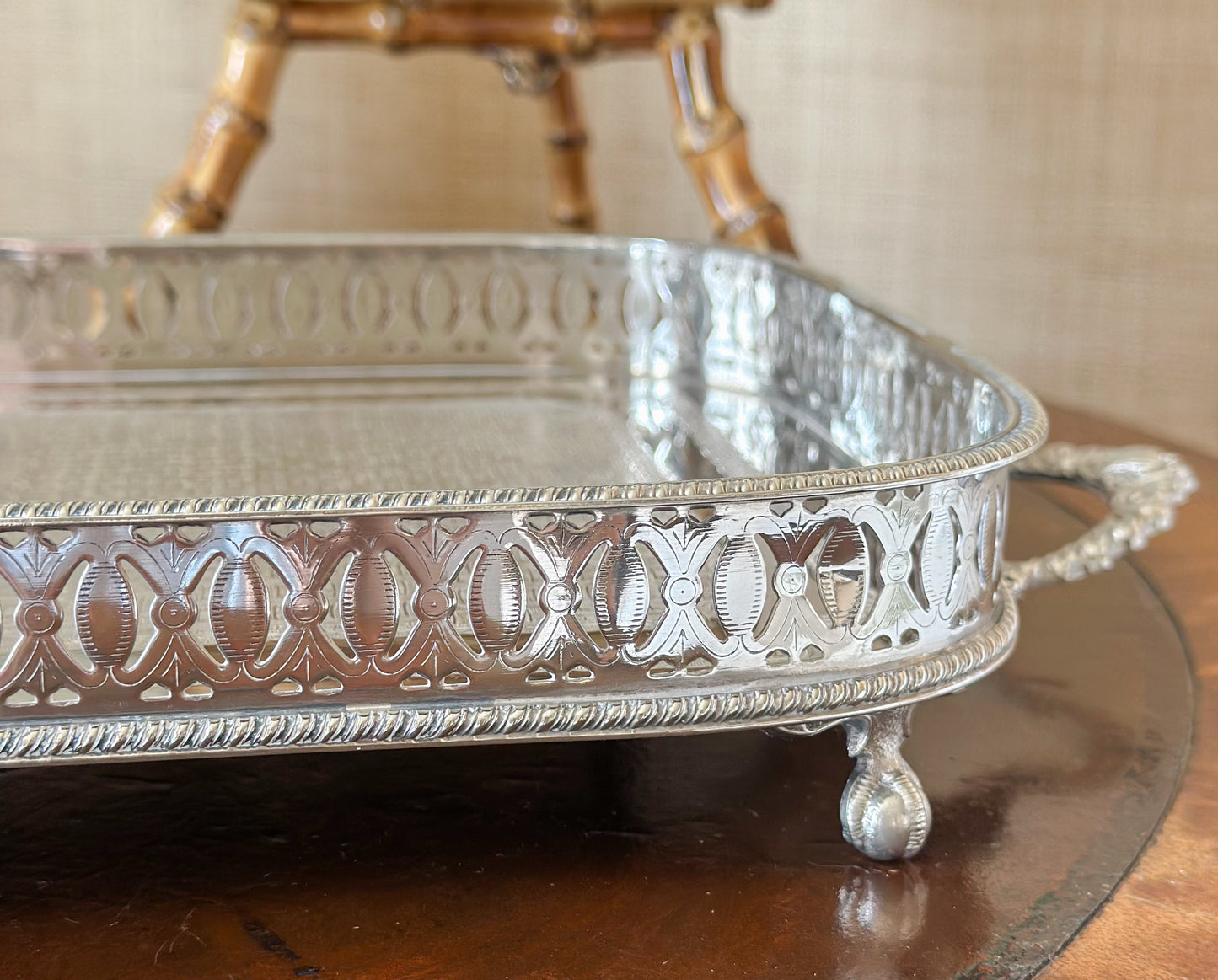Antique English Silverplate Gallery Tray with Ball and Claw Feet