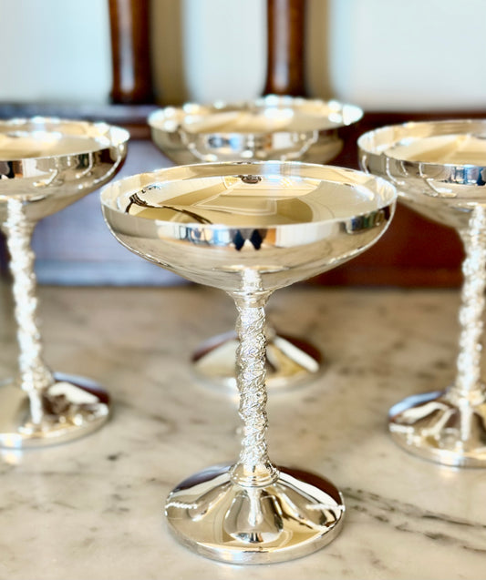 Vintage Spanish Silver Plated Coupes with Ivy Stems (Set of 4)