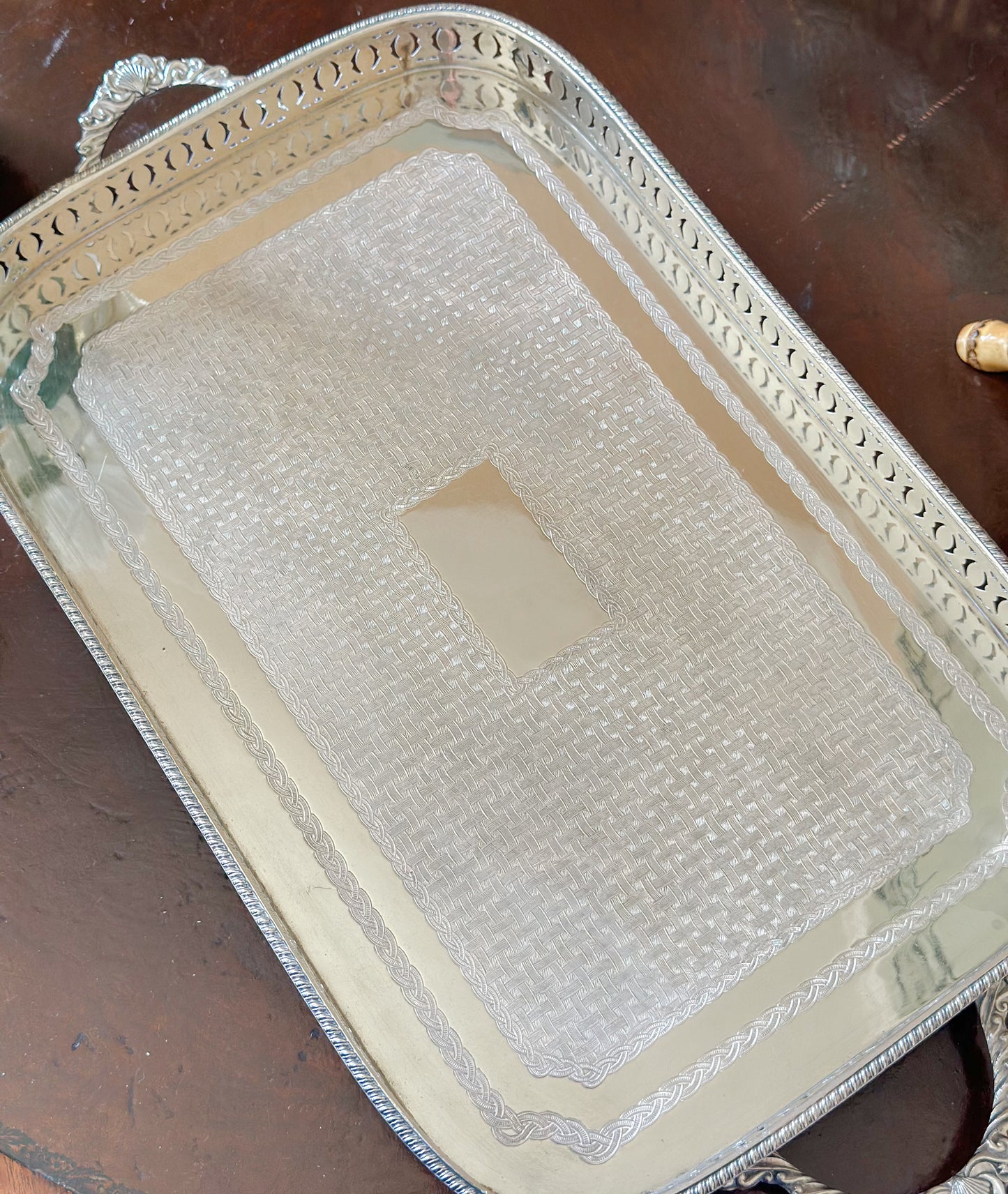 Antique English Silverplate Gallery Tray with Ball and Claw Feet