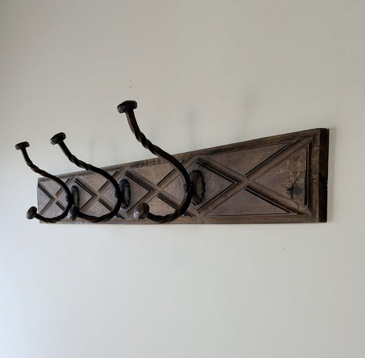Early English Oak & Hand-Forged Iron Coat Rack