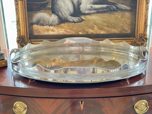 Large Oval Silverplate Gallery Tray with Scalloped Edge