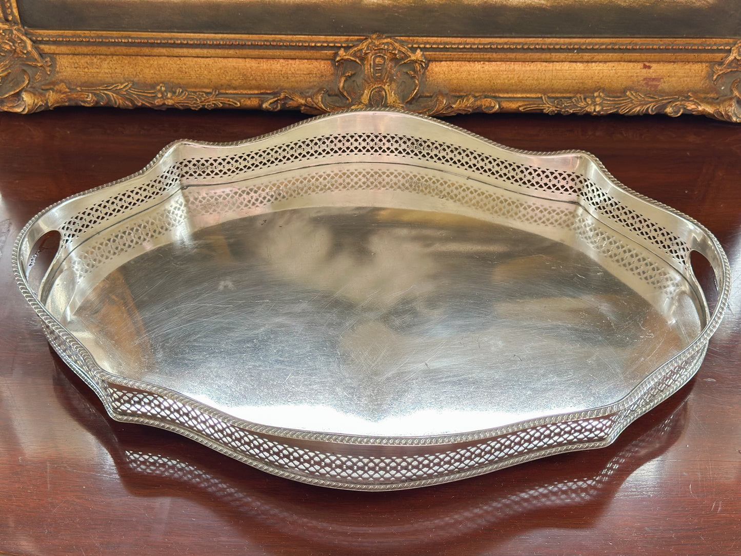 Medium Oval Silverplate Gallery Tray with Scalloped Edge