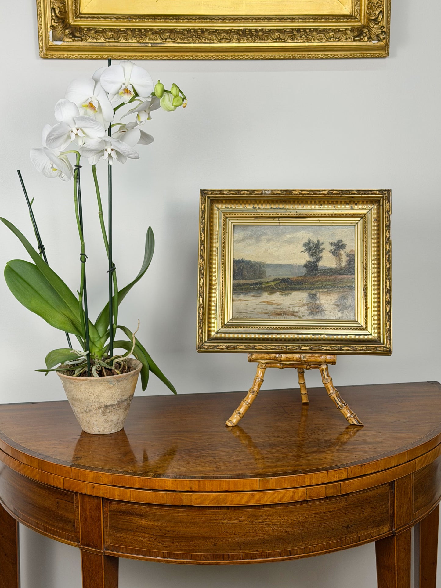 Framed 19th Century Oil on Board Lakeside Landscape