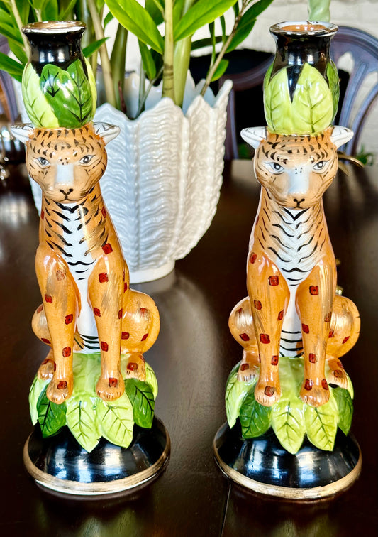 Cheetah Sister Porcelain Candlesticks (Set of 2)