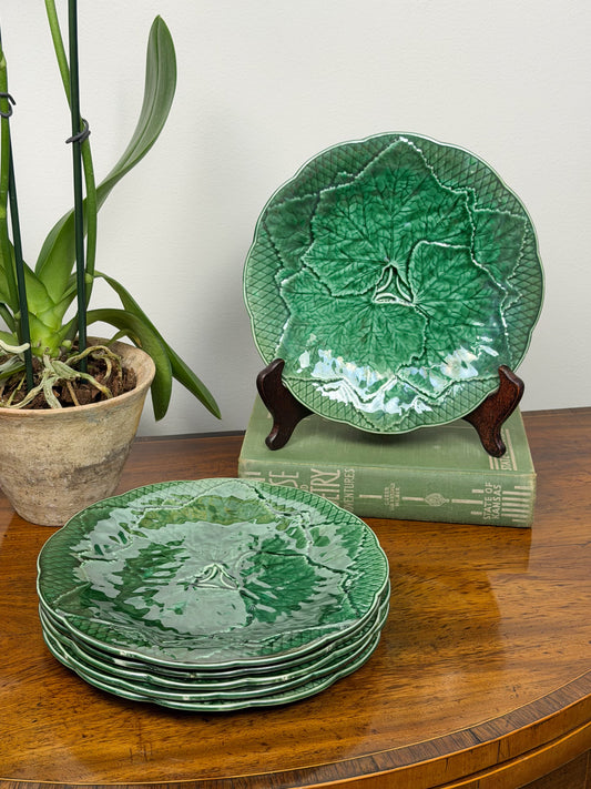 Vintage Gien Green Leaf Majolica Plates