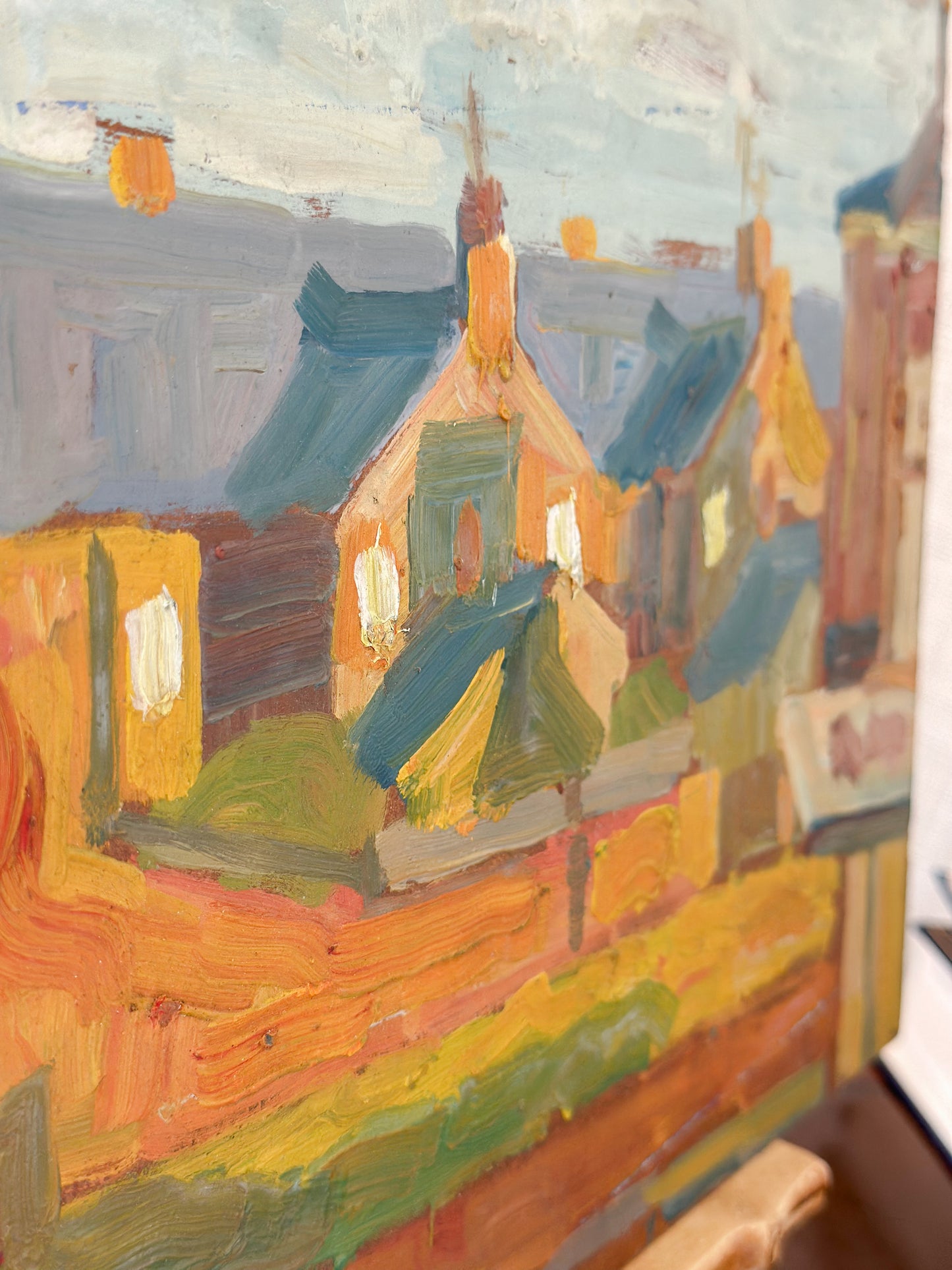 ‘Village Rooftops in Late Afternoon’ Oil on Board Painting