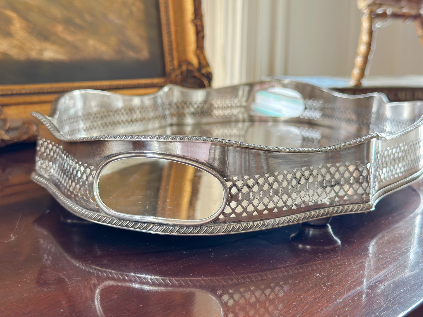 Medium Oval Silverplate Gallery Tray with Scalloped Edge