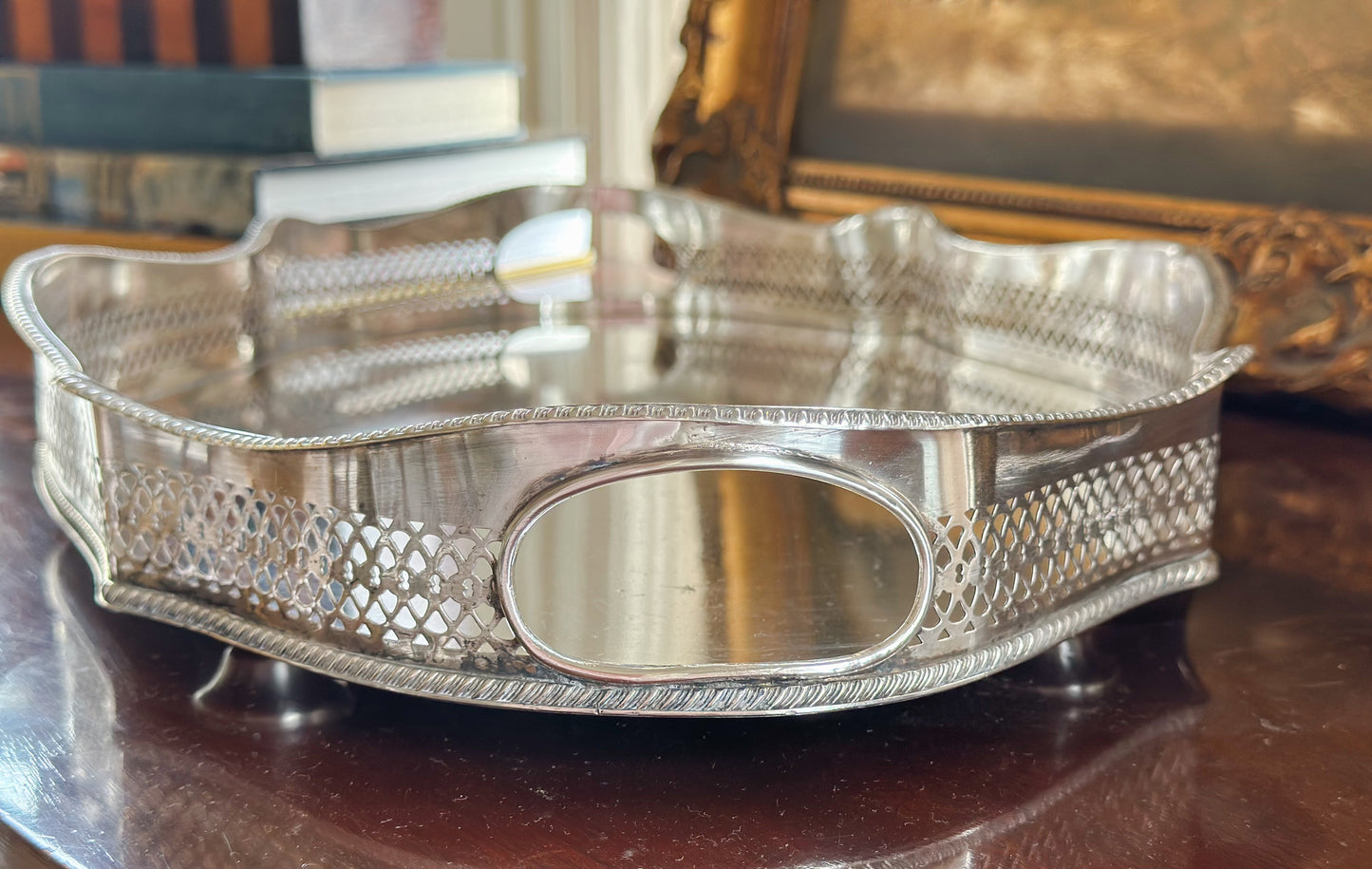 Medium Oval Silverplate Gallery Tray with Scalloped Edge
