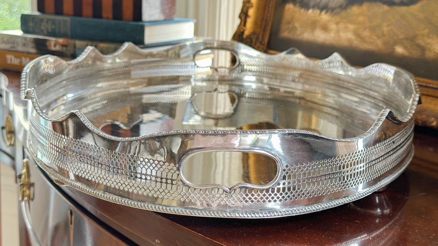 Large Oval Silverplate Gallery Tray with Scalloped Edge